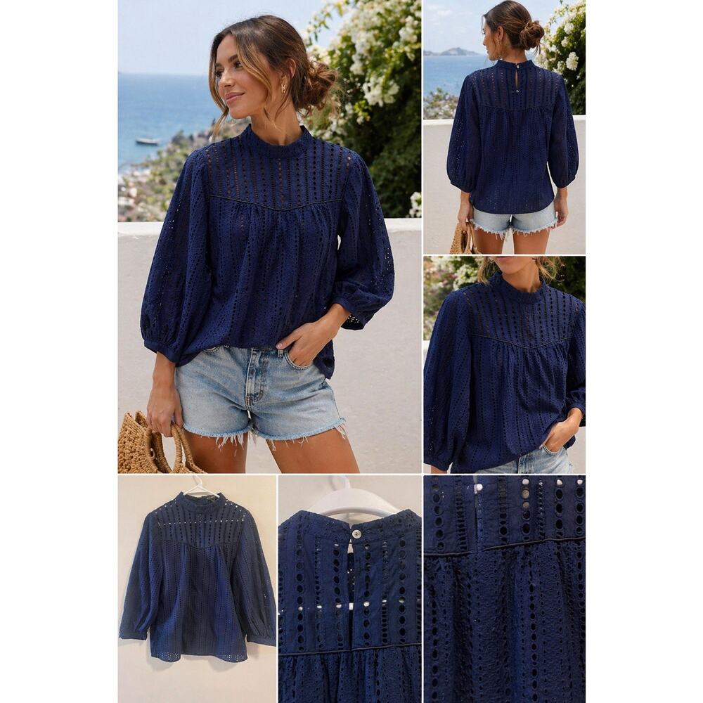 Banana Republic Navy Eyelet Blouse Medium Cotton Mock Neck Boho Balloon Sleeve